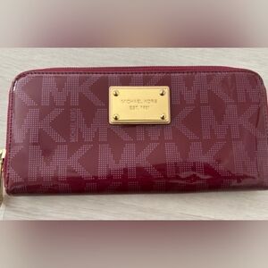 Michael Kors Signature Burgundy Patent Leather Zip Around Continental Wallet EUC
